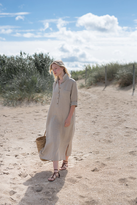 sukienki maxi damskie Lniana sukienka koszulowa  piaskowa wydma
