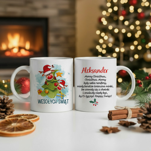 dekoracje świąteczne Kubek świąteczny z imieniem RENIFERY na choince prezent na Mikołajki