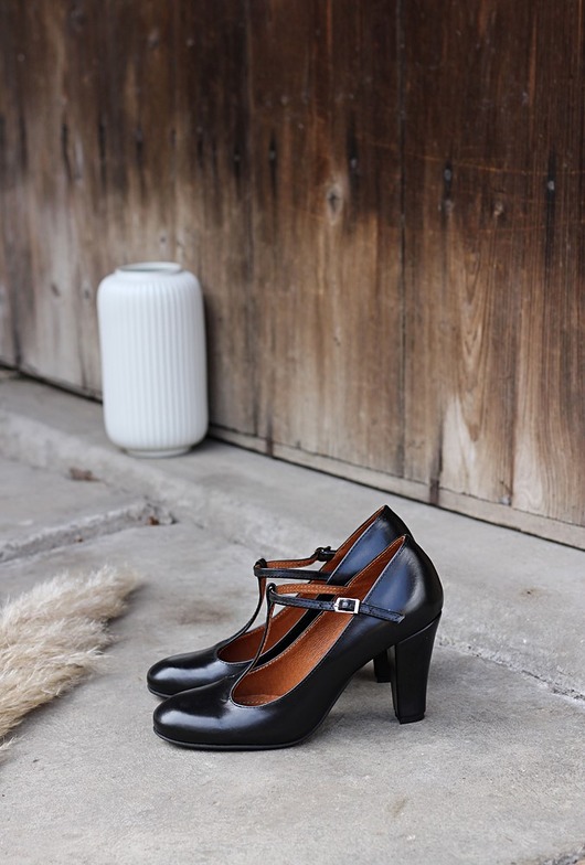 czółenka damskie BALERINY RETRO NA OBCASIE 8CM CZARNA skóra