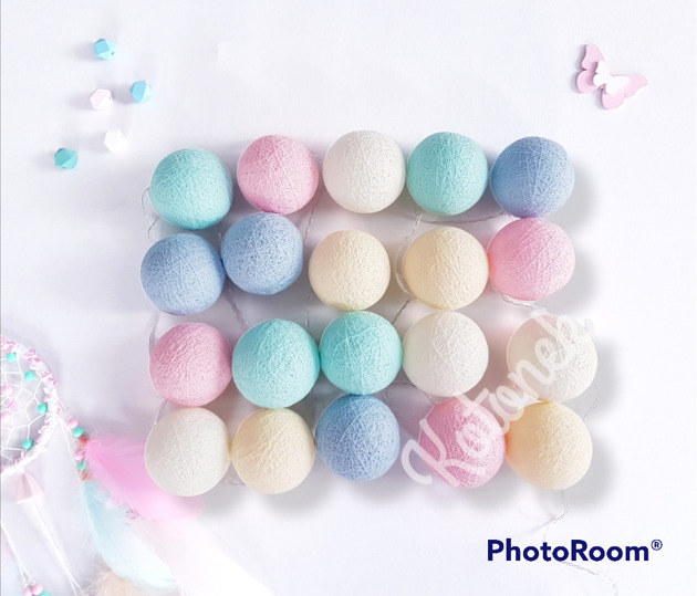 dekoracje świetlne Lampki Cotton Balls 20 led pastelowe, świecące kule na baterie