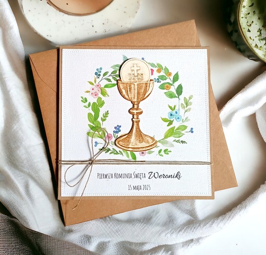 kartki na komunię Kartka, PERSONALIZACJA : I Komunia Święta : kolorowy wianek : hostia 2.