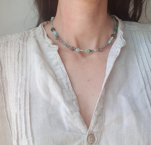 chokery Naszyjnik choker błękity, kolekcja TALIZMAN, amazonit, labradoryt, akwamaryn