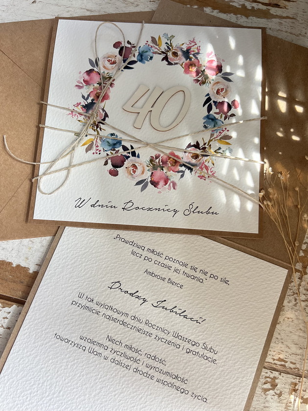 kartki scrapbooking Rustykalna kartka życzenia z okazji 40. rocznicy ślubu