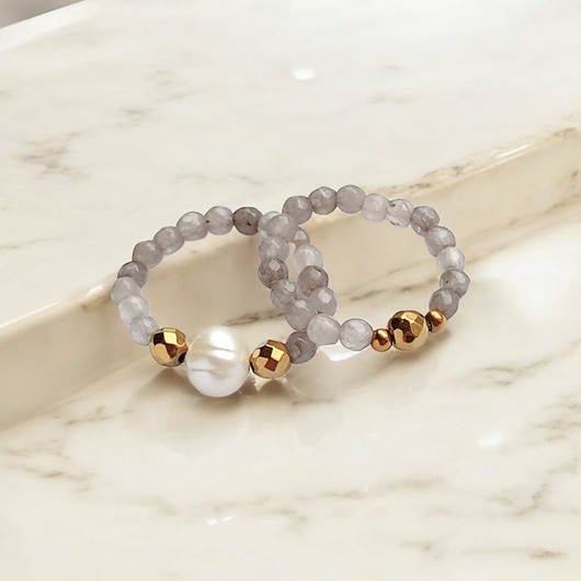 pierścionki elastyczne Zestaw pierścionków : agat szary, perła, złoty hematyt