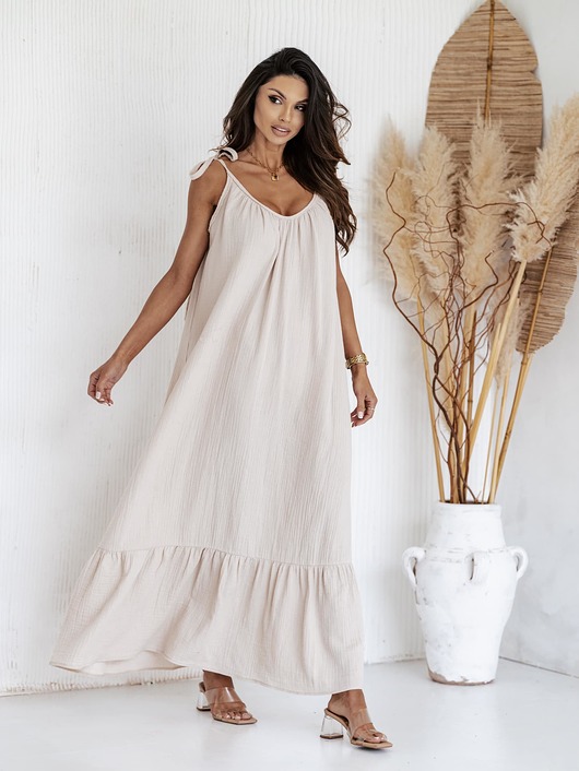 sukienki maxi damskie Długa Muślinowa sukienka na ramiączkach MAXI HAWAII beżowa