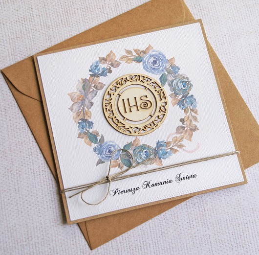 kartki na komunię Kartka z życzeniami : I Komunia Święta : niebieska IHS