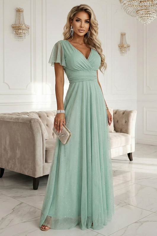 sukienki maxi damskie 635-8 MELANIA błyszcząca suknia z dekoltem i krótkim rękawem - pistacja