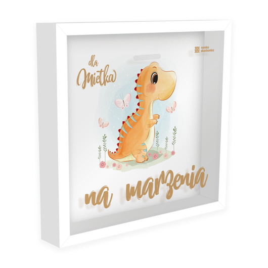 ramki na zdjęcia Ramka Skarbonka - Na marzenia - pomarańczowy dinozaur - z imieniem dziecka