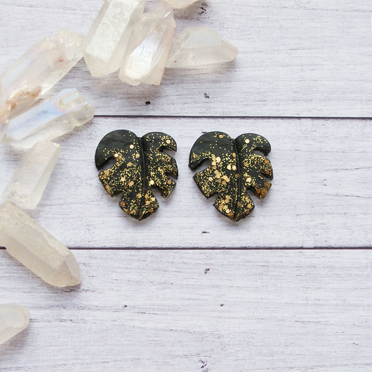 klipsy UNIKATOWE klipsy - monstera - glam - black