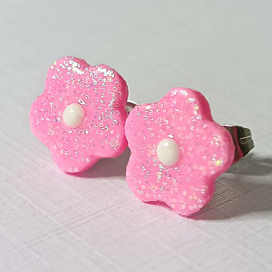 kolczyki z masy plastycznej Kolczyki różowe kwiatki