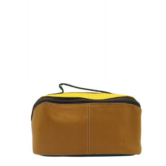 kosmetyczki Kosmetyczka podróżna duża damska skórzana pojemna kieszenie rączka OLIVKA