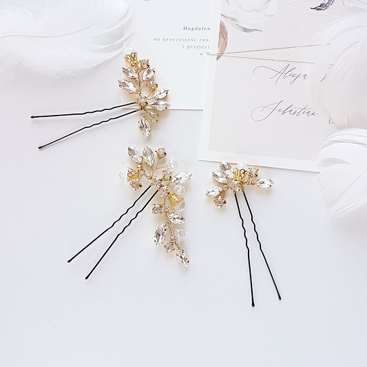 Ślubne ozdoby do włosów Gold sparkle - kryształowe kokówki ślubne.