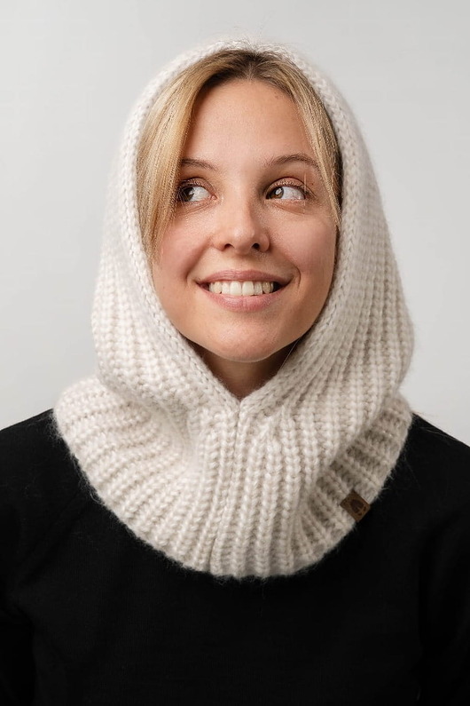 czapki damskie PUSZCZYK - Puchaty Kaptur Balaklava  Wełna Merino z Bawełna Śmietankowy