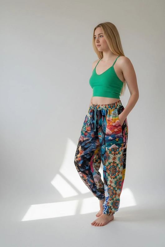 spodnie dresowe damskie Patchworkowe spodnie dresowe Wikalpa krój haremki rozmiar L