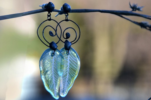 kolczyki wire wrapping Liście retro
