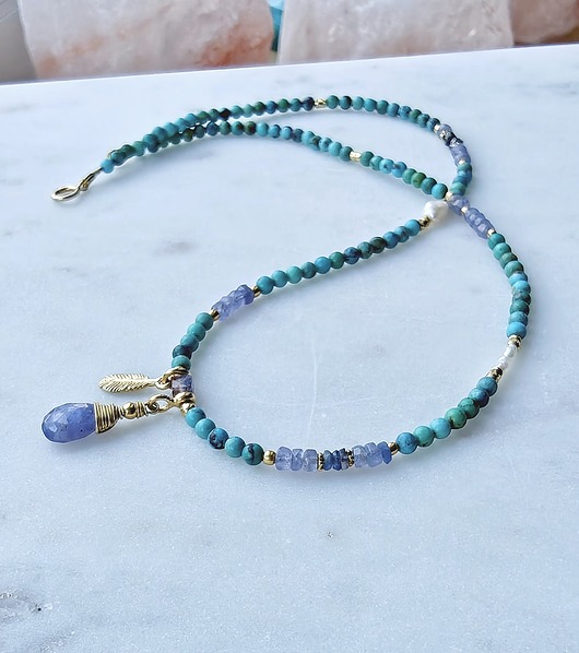 złote naszyjniki Letnie lśnienia z tanzanitem i turkusem - naszyjnik