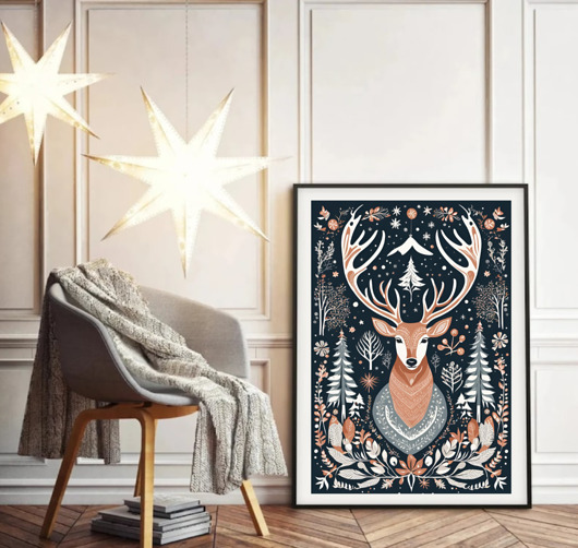 grafiki i ilustracje PLAKAT świąteczny, zimowa skandynawska ilustracja, jeleń