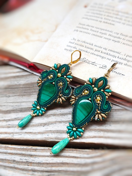 kolczyki soutache Emerald Symphony kolczyki sutasz wieczorowe z malachitem i chryzoprazem