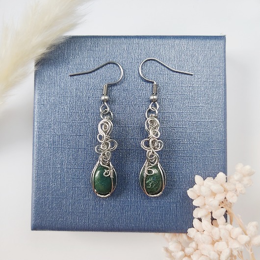 kolczyki wire wrapping Kolczyki Agat Mszysty stal chirurgiczna handmade wirewrapping