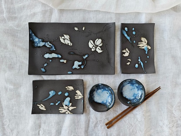 patery i talerze Błękitny ceramiczny zestaw do sushi dla 2 osób handmade