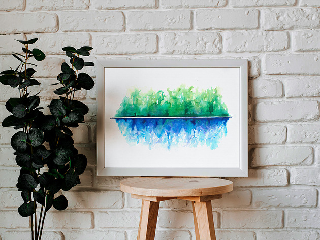 obrazy Akwarela Abstrakcja Zieleń Niebieski Natura Jezioro Trawa 30x40 LP-Arts