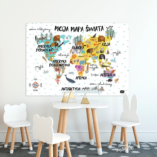 Mapa świata ze zwierzętami, w języku polskim AdaAndIwo