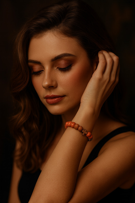 bransoletki drewniane Pomarańczowa bransoletka z krzyżykiem, różaniec na rękę, drewno