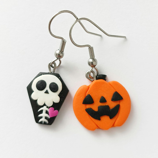 kolczyki z masy plastycznej Kolczyki na halloween dynia i trumna