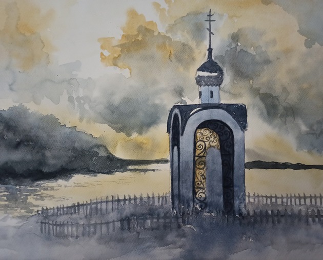 obrazy WYPRZEDAŻ SZTUKI! Akwarela Kaplica na wzgórzu oryginalny obraz 300g 32x46 cm