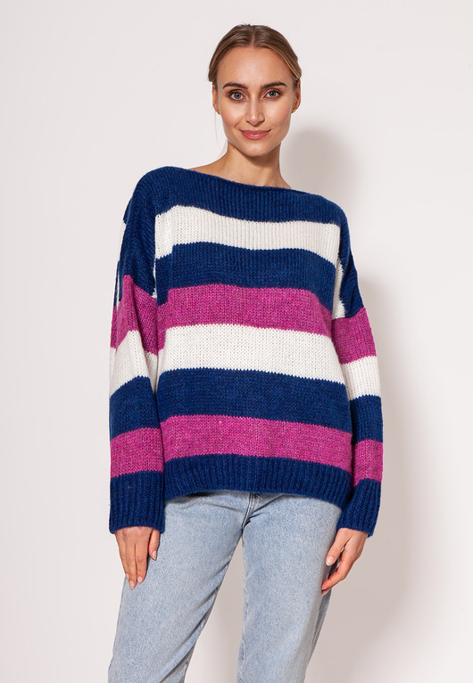 swetry damskie  Oversize'owy sweter w paski - SWE299 kobalt/róż/ecru MKM