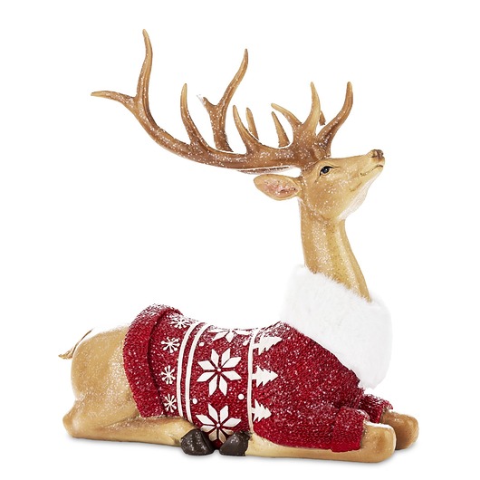 dekoracje świąteczne Figurka jeleń leżący w czerwonym sweterku 29x11x26 cm