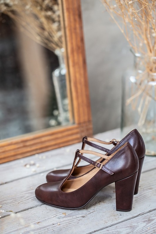 czółenka damskie BALERINY RETRO NA OBCASIE 8CM CZEKOLADOWY brąz