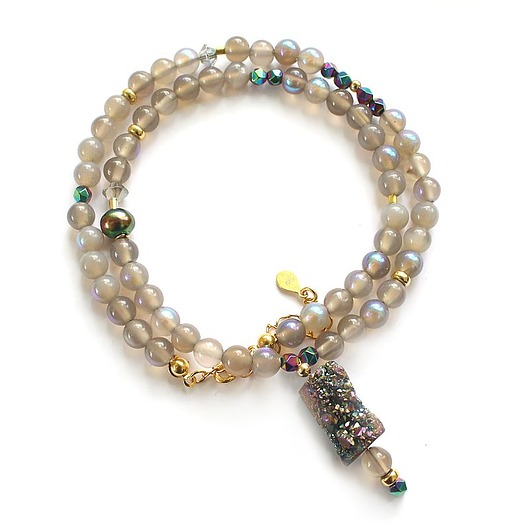 wisiory Unikatowy Naszyjnik z druzą Aura kwarc i szarym agatem