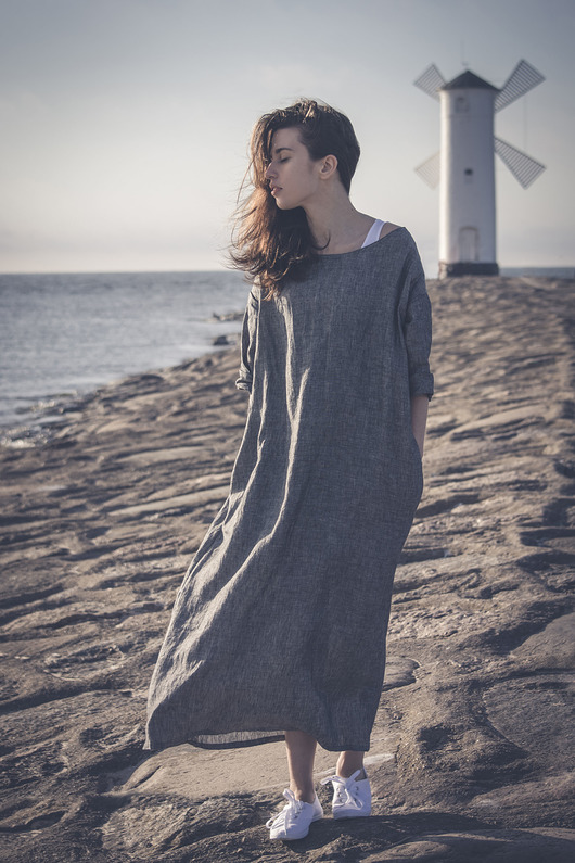 sukienki maxi damskie Sukienka lniana sól/pieprz