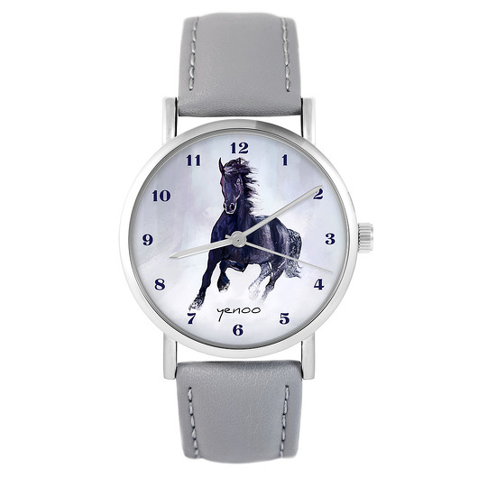 zegarki unisex Zegarek - Czarny koń, cyfry - skóra, szary