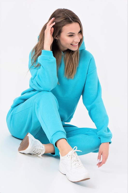 S03 BŁĘKITNY KOMPLETNY DRES OVERSIZE KANGURKA Ablush