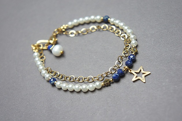 bransoletki z kamieni naturalnych Pearls /white/ and lapis lazuli - bransoletka
