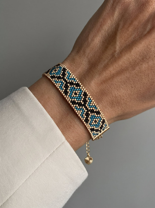 bransoletki ze szkła Niebieska złota bransoletka z koralików Miyuki - ornament