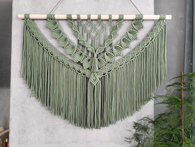 makramy Szeroka Makrama Ścienna VERDA 100 cm Szałwiowa Ozdoba 100x70 cm