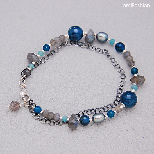 Akwamaryn, Apatyt, Labradoryt z Perłą - bransol MAREMI Jewelry