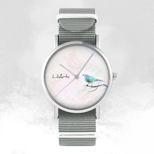 zegarki damskie Zegarek - Ptaszek turkusowy - szary, nylonowy