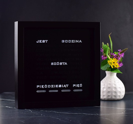 zegary Word Clock - polski zegar słowny (czarna ramka)