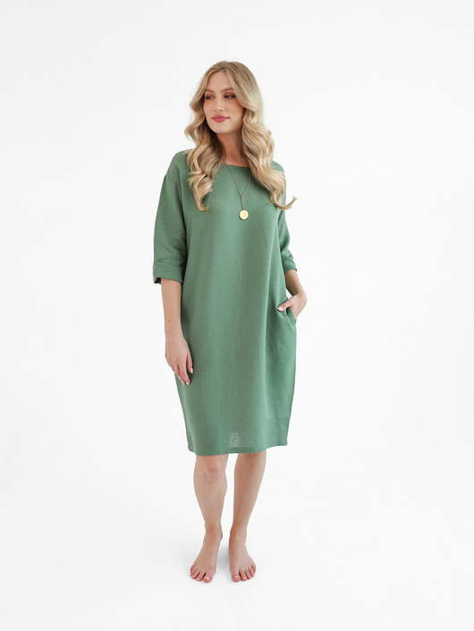 sukienki midi damskie Lniana Sukienka PEONY EUCALYPTUS GREEN