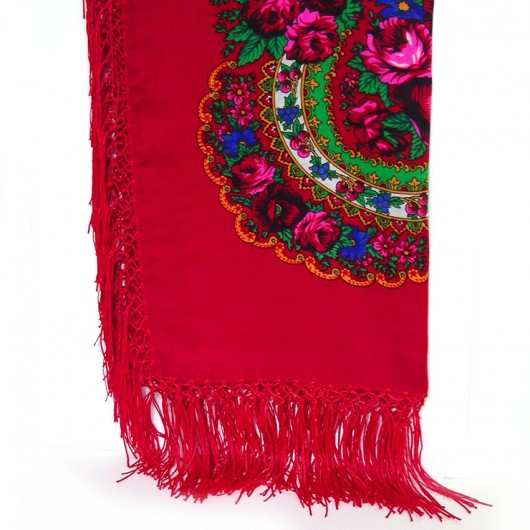 Folk Fringe Scarf (red colour, L) na ludowo