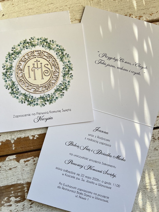 zaproszenia na komunię Białe eleganckie zaproszenia komunijne, na komunię ręcznie robione z wiankiem