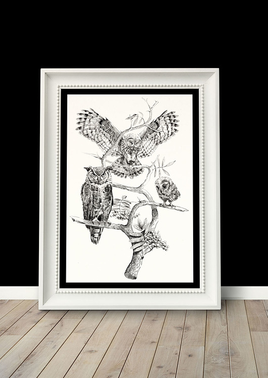 Rysunek graficzny "Rodzina Sów" Deep Forest