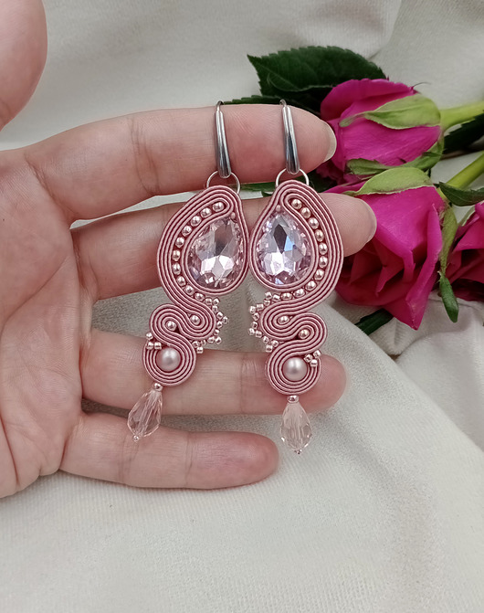 kolczyki soutache Długie kolczyki soutache na wesele, kolczyki brudny róż