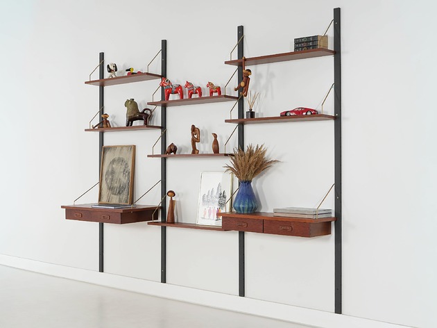 półki Regał modułowy PS System, fornir tekowy, duński design lat 70.