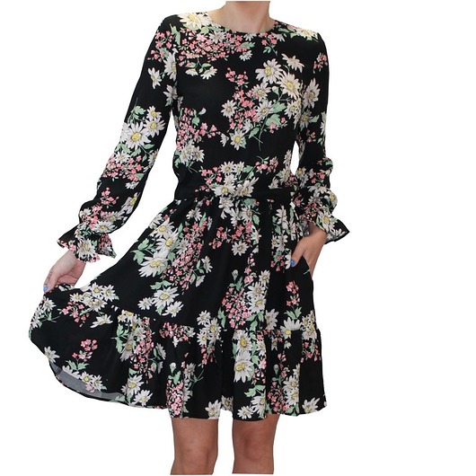 Sukienka rozkloszowana rękaw kwiaty MM FASHION