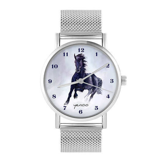 zegarki unisex Zegarek - Czarny koń, cyfry - bransoleta mesh